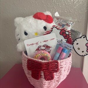 Hello Kitty Plush Gift Basket with Pink Basket and Red Bow